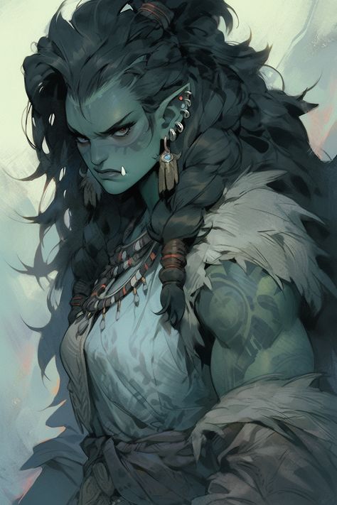 Skyrim Orc Female, Muscular Orc Woman, Dnd Female Half Orc, Half Orc Barbarian Female Dnd, Dnd Orc Female, Orc Woman Art, Female Orc Character Design, Female Barbarian Dnd, Orc Female Art