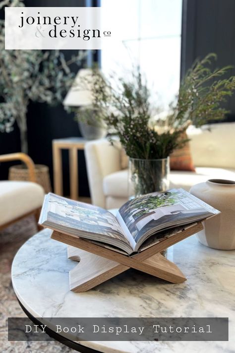 White oak book display Countertop Book Display, Diy Book Easels, Open Book Display Stand Diy, Bible Stand Wooden Diy, Wooden Book Holder Diy, Table Top Book Display, Coffee Table Book Stand, Coffee Table Book Display, Open Book Stand