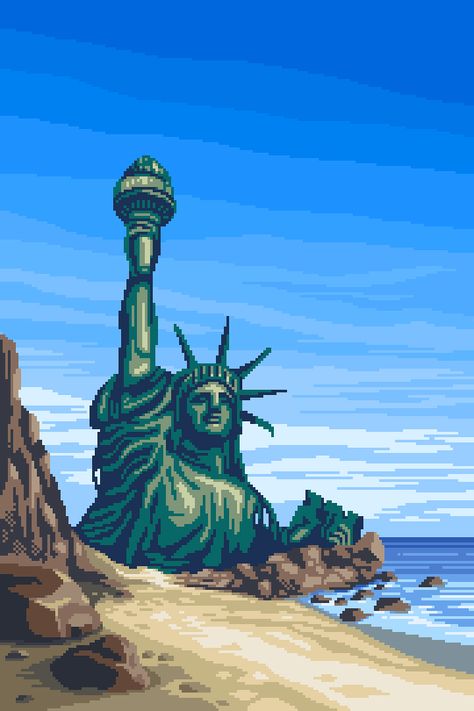 Planet Of The Apes / Statue Of Liberty Scene Shown at 300 percent. Pixel Art Gif, Pixel Art Landscape, 8 Bit Art, Piskel Art, Pixel Art Background, Vaporwave Art, Pixel Animation, Arte 8 Bits, 8bit Art