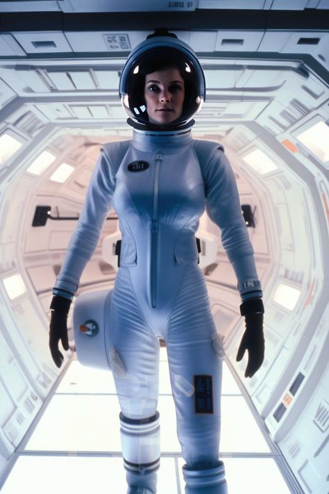 late 80s photo of a beautiful female astronaut, futuristic space suit design, skin tight, shoulder pads, full body portrait, spacecraft cockpit, faint glowing control panels and buttons, night, film grain, wide-angle lens --v 5 --q 4 --ar 7:5 Female Astronaut, Astronaut Suit, Science Fiction Art Retro, Sci Fi Wallpaper, Space Fashion, Female Pilot, Sci Fi Comics, Scifi Fantasy Art, Sf Art