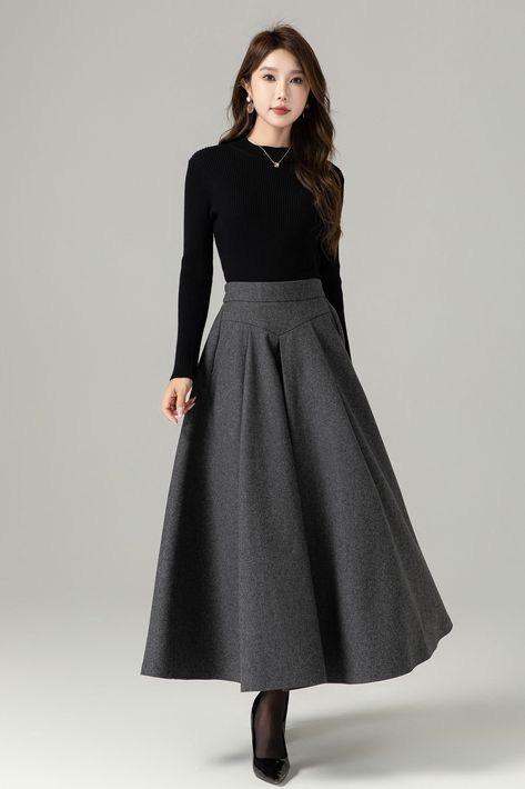 "Fluidity and elegance from this chic winter skirt. Team the wool skirt with a chunky sweater, winter boots and an over sized handbag and you're good to go, no matter what the weather throws at you!  You'll really be able to turn on the charm with this versatile long pleated skirt. The gray color means that you'll match it with literally everything you own. This A line skirt will soon become a staple in your winter wardrobe collection.  DETAIL * 30% wool, 30% fiber, 40% polyester * polyester lining * Two side Seam pockets * Back zipper closure, Back elastic make it more comfortable when wear * Ankle length effect * A Line maxi skirt * Dry clean *  Lean More about the items From the FAQs on the page bottom MODEL SIZE Bust 85 cm(33.4\")  Waist 67 cm(26.7\")  Height 168cm (5' 6\") She wears s Gray Maxi Skirt Outfit For Fall, Long Skirt Reference, Pleated Skirt Work Outfit, Turtle Neck With Skirt, Long Skirts Winter, Blouse And Skirt Outfit, Skirt Outfits For Winter, Skirt Outfits Winter, Elegant Skirt Outfits