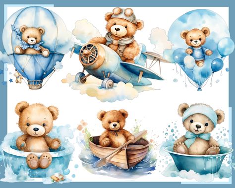 Baby Shower For A Boy, Teddy Bear Clipart, Bear Watercolor, Blue Teddy Bear, Bear Invitations, Baby Shower Clipart, Clipart Baby, Baby Teddy, Bear Clipart