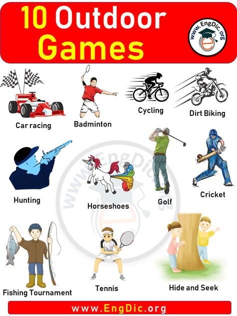 10 Outdoor Games name, Games Names List Games are a big part of any culture, and there are plenty of outdoor games to be enjoyed no matter where you are in the world. Whether you’re playing tag or tossing a Frisbee around, there’s something for everyone when it comes to outdoor games. In this article, we’ll explore some of the most popular outdoor games and give you a few tips on how to play them. Here is the List of 10 Outdoor Games Name: Horseshoes Badminton Tennis Hide and Seek Fishing Tourna Indoor And Outdoor Games Chart, Indoor Games Names, Teeth Diagram, English Knowledge, Fishing Tournament, Sports Games For Kids, National Games, Dirt Biking, English Short Stories