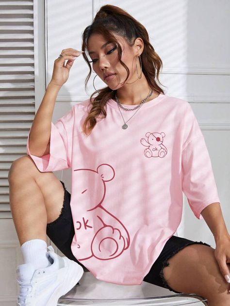 SHEIN EZwear Cartoon Graphic Drop Shoulder Oversized Tee | SHEIN TH Teddy Bear Graphic, Tube Top Outfits, Female Clothes, Drop Shoulder Tee, Tank Top Outfits, Bear Graphic, T Shirt Oversize, Cartoon Outfits, Shirt Print Design