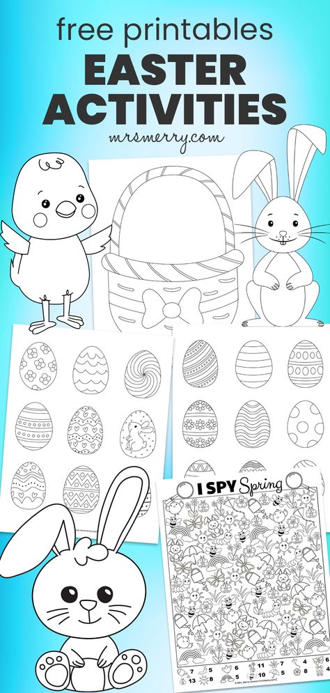 Get ready for Easter with our free Easter activities. Fun kids crafts for all ages. Color, cut and create! #eastercrafts #eastercoloringpages #ispygames #ispyeaster #ispyspring #easterbunnycrafts #easterbunnyactivities #coloringsheets #freeeasterworksheets #indooractivitiesforkids #eastereggideas #mrsmerry Easter Therapy Activities, Easter Crafts For Kids Elementary, Daycare Classroom Setup, Easter Bunny Activities, Easter Worksheets, Easter Week, Homeschool Worksheets, Easter Activities For Kids, Printables Free Kids