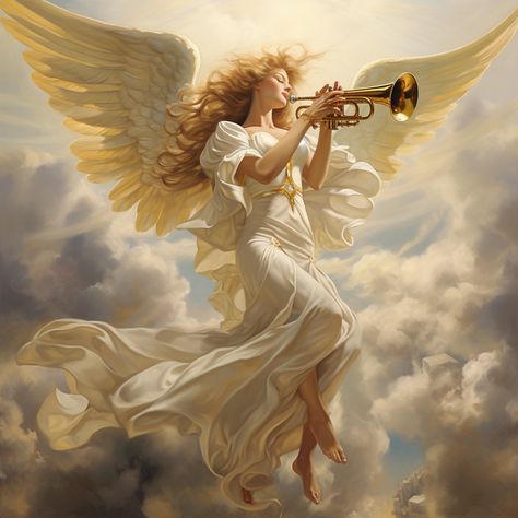 Angel With Trumpet Tattoo, Archangel Aesthetic, Trumpet Aesthetic, Roman Angel, Trumpet Angel, Angel Trumpets, Angel With Trumpet, Guardian Angel Pictures, Prophetic Painting