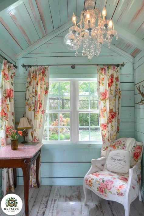 25 Inspiring She Shed Office Ideas for The Perfect Home Office Inside She Shed Ideas Office, She Shed Curtains, Tiny Shed Bedroom Ideas, Craft Room Shed Ideas, Pink She Shed Interior, Shabby Chic She Shed Interior, Cottagecore She Shed, Finished Shed Interior Ideas, She Shed Organization Ideas