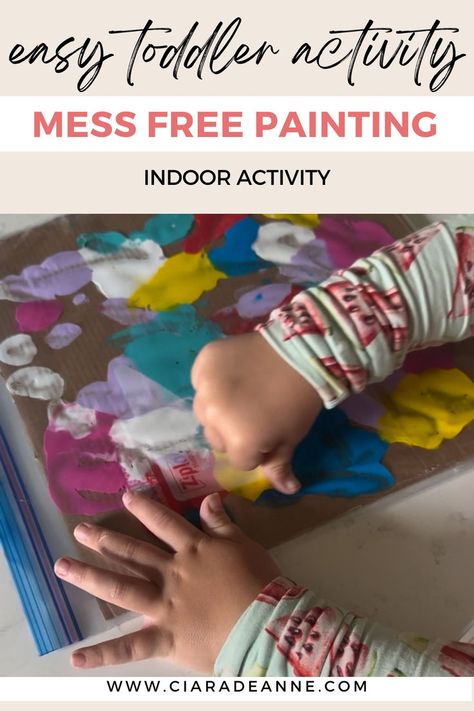 If you're looking for a fun way to keep your toddler entertained without a big mess - this one is for you. drop dots of paint all over a piece of cardboard or canvas and put it inside a plastic bag. Let your toddler smoosh all the colors around to create their own beautiful painting. Take it out of the bag to dry. For more detailed instructions or more easy to set up activities - check out the blog! Indoor Activity For Toddlers, Easy Indoor Activities, Mess Free Painting, Indoor Toddler Activity, Indoor Activities For Toddlers, Free Painting, Easy Toddler Activities, Toddler Activity, Easy Toddler