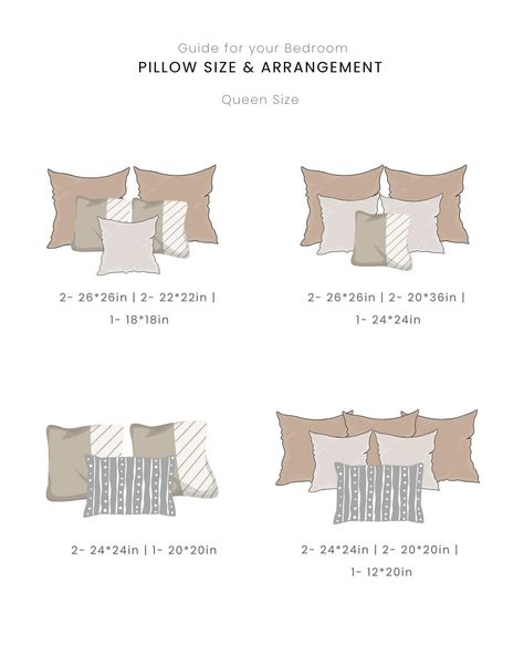 Unlock the Art of Queen Size Bed Pillow Arrangement: Elevate Your Bedroom Aesthetics with These Stylish and Comfortable Pillow Layouts. 🛏️✨ #PillowArrangement #BedroomDecor #QueenSizeBed #CozyNights Pillow Layout Queen, Pillow Arrangement On Bed Queen, Throw Pillows Bedroom Aesthetic, Queen Bed Pillow Arrangement, King Bed Pillow Arrangement, Bed Pillow Arrangement, Pillow Size Guide, King Sized Bed, Bedroom Aesthetics