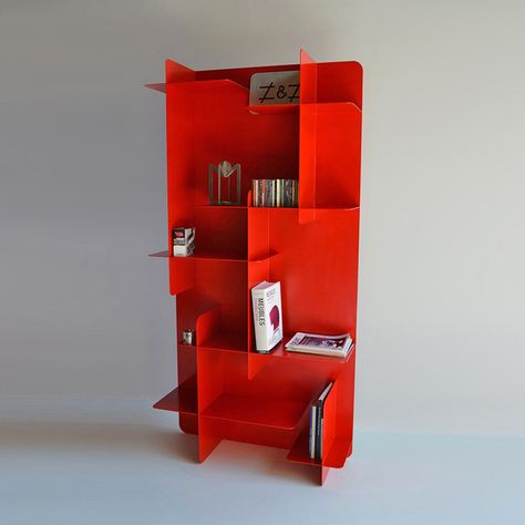 Funky Bookshelves, Purple Bookshelves, Red Bookshelf, Design Bookshelves, Red Theory, Design Bookshelf, Large Bookshelf, Steel Bookshelf, Crate Desk