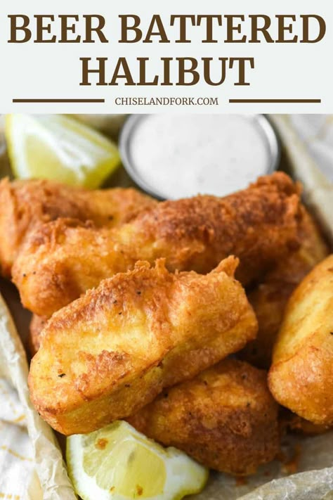 This beer battered halibut is made with basic ingredients that creates a crunchy coating around the sweet and buttery fish. #beerbatteredhalibut #beerbatteredfish #friedfish | chiselandfork.com Beer Batter Halibut, Beer Battered Halibut Recipes, Halibut Appetizers, Fried Halibut Recipes, Beer Battered Halibut, Best Halibut Recipes, Beer Battered Fish Recipes, Mac And Cheese Recipe Soul Food, Fish Batter