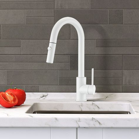 Matte white pull-down kitchen faucet | Bath Depot Swan Neck Kitchen Faucet, Unlacquered Brass Kitchen Faucet Pull Down, Moen Weymouth Kitchen Faucet Polished Nickel, White Faucet, Round Design, Kitchen Faucet, Kitchen Sink, Faucet, Design