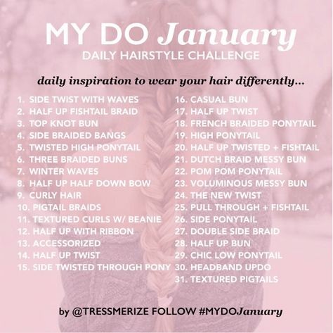 30 Days Hairstyles Challenge, 30 Day Hairstyle Challenge, Hairstyle Challenge, Casual Bun, Villain Era, French Braid Ponytail, Hair Challenge, Top Knot Bun, Braided Bangs