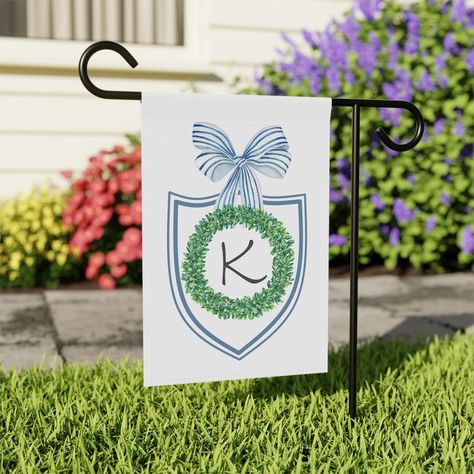 Yard Art Garden Custom Initial Bow Crest Flag Decor Yard Wreath Monogram Garden Flag Gift Personalize Blue White Flag Yard Decor Banner https://www.etsy.com/listing/1668875060/yard-art-garden-custom-initial-bow-crest Blue And White Flag, All Flags, White Flag, Monogram Wreath, Garden Gift, Yard Flags, Flag Decor, Custom Initials, Art Garden