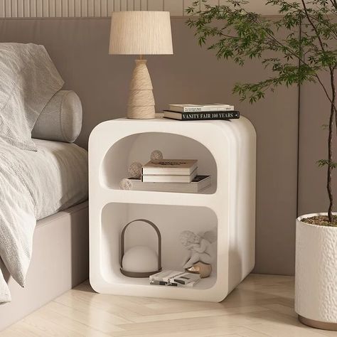 Bedside Table Luxury, White Nightstand Bedroom, Cool Bedside Tables, Aesthetic Nightstand, White Nightstands, Nightstands Bedroom, Bedside Table Nordic, Luxury Bedside Table, Simple Nightstand