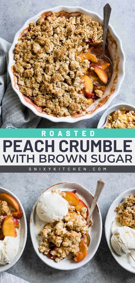 This fresh fruit recipe is a must-try! It's a gluten-free peach crisp. Finished with a gluten-free crumble topping, this brown sugar peach crumble is a crowd-pleasing summer dessert idea. Don't forget the vanilla ice cream! Gluten Free Peach Crisp With Oats, Vegan Peach Crumble, Gf Peach Crisp, Almond Flour Crumble Topping, Dairy Free Peach Crisp, Gluten Free Peach Dessert, Gluten Free Peach Crumble, Gluten Free Crisp, Gluten Free Crumble Topping