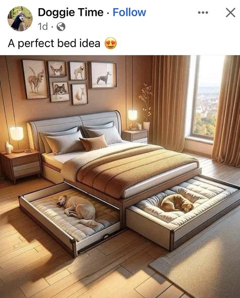 Large Dog Bed Ideas Living Rooms, King Bed With Dog Bed Attached, Beds With Dog Beds Underneath, Bed Frame With Dog Bed Under, Large Dog Bed Ideas, Dog Bed Ideas, Dogs Bed, Dog Bedroom, Large Dog Bed