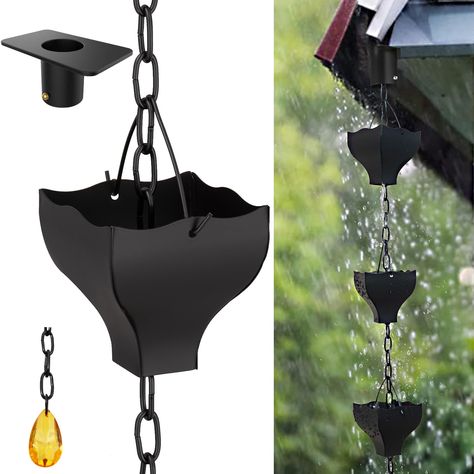 PRICES MAY VARY. 【Beautiful Your House】The black cups rain chains is a beautiful and unique way to decorate your house, garden, patio, courtyard, villa, etc. The rain catcher chain is designed to catch rainwater that flows into a basin below, creating a soothing sound and providing a calming effect. 【Easy Installation】No tools needed. A rain chain gutter adapter in the set easily connects the gutter with the rain chain for a minimal splash. The flexible system easy to adjust the rain chain insta Rain Chain Installation, Rain Catcher, Courtyard Villa, Patio Courtyard, Rain Chains, Black Rain, Galvanized Iron, Rain Chain, Rain Gutters