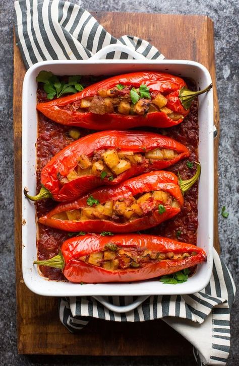 Mediterranean inspired Potato and Olive Stuffed Banana Peppers - hearty, filling and made with only 10 ingredients! | Paleo + Vegan + Whole30 Banana Peppers Stuffed, Whole30 Recipe, Easy Whole 30 Recipes, Banana Peppers, Paleo Diet Recipes, Mediterranean Food, Savory Vegan, Sweet Potato Soup, Paleo Vegan