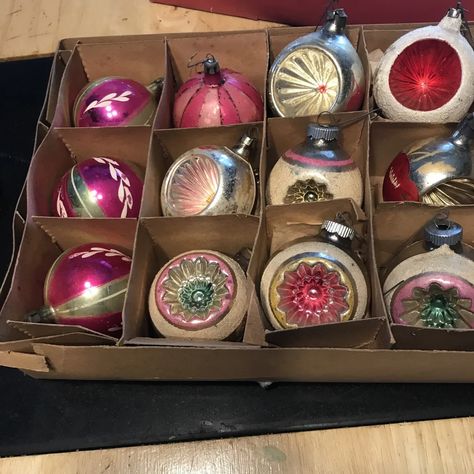 Box of 12 Vintage Indent Glass Christmas Ornaments Balls 8 Indents | eBay Vintage Tree Ornaments, Vintage Glass Christmas Ornaments, Vintage Christmas Ornaments 1950s, Vintage Christmas Decorations 1950s, Christmas Ornaments Balls, French Christmas Decor, Future Photoshoot, Vintage Glass Ornaments, Christmas Prep