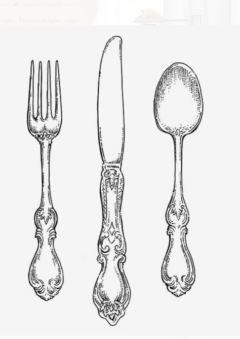 Vintage Fork Tattoo, Vintage Spoon Tattoo, Frying Pan Drawing, Fork Tattoo, Fork Drawing, Spoon Tattoo, Spoon Drawing, Handmade Bookmarks Diy, Vintage Forks