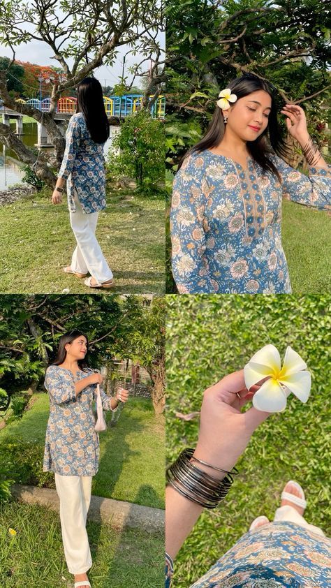 Photography Poses With Kurti, How To Pose In Kurti, Instagram Poses For Short People, Traditional Casual Outfits, Short Kurti Layout Ideas, Indian Kurti Outfit Ideas, Poses For Pictures Traditional, Short Kurti Photo Poses Aesthetic, Story Making Ideas For Instagram