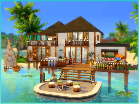 This is a cozy beach family home featuring 5 bedrooms and 4 bathroom, there is a specific bedroom for each life stage(except babies). It has an open Kitchen and dining area, a comfy living room and... Sims 4 Island Living House, Sulani Homes Sims 4, Sims 4 Beach House, Sims 4 Pack, Small Beach Houses, Die Sims 4, Sims Builds, Sims 4 House Plans, Sims 4 House Building