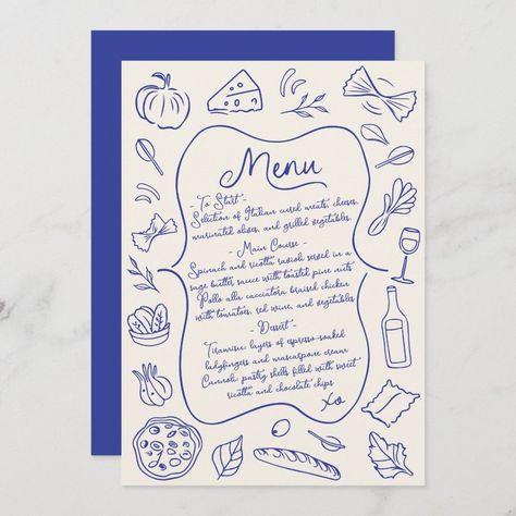 Enhance your wedding reception with this illustrated menu card. Featuring hand-drawn food icons and a classic design, this customizable menu card adds a charming touch to your special day. Perfect for showcasing your carefully curated menu, this card is both elegant and functional, making it a beautiful keepsake for your guests. Ideal for weddings, anniversaries, or any sophisticated event, this menu card blends style with practicality. Digital Menu Design Ideas, Italy Menu Design, Illustrated Menu Design, Italian Wedding Menu Ideas, Handmade Menu Card, Italian Dinner Party Menu Ideas, Italian Menu Design, Italian Dinner Menu, Christmas Menu Card