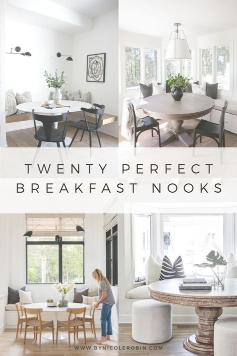 Breakfast Tables Ideas, Bench With Round Dining Table, Round Table Bay Window Kitchen Nook, Boho Kitchen Nook, Breakfast Room Table, Round Table Breakfast Nook Bay Windows, Eating Nook Ideas, Kitchen Nook With Round Table, Breakfast Nook Lighting Fixture