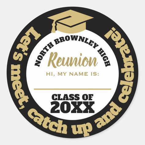 Gold and black reunion name tag Reunion Name Tags, Class Reunion Invitations, Reunion Invitations, Class Reunion, Save The Date Postcards, Celebration Party, Name Tags, Name Tag, Card Design