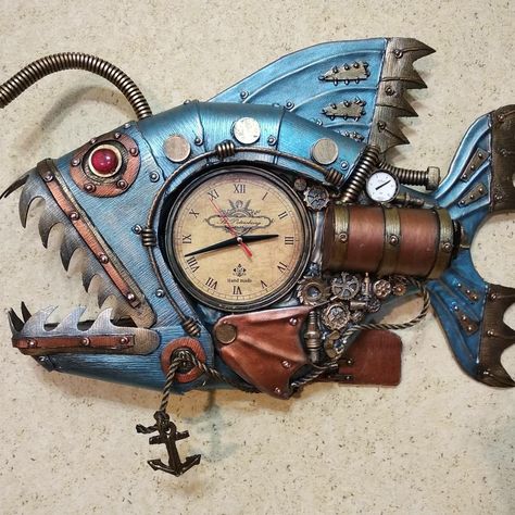 Steampunk Fish Art, Steampunk Ocean, Steampunk Sculpture, Steampunk Fish, Nautical Steampunk, Steampunk Drawing, Steampunk Animals, Cutlery Art, Steampunk Artwork