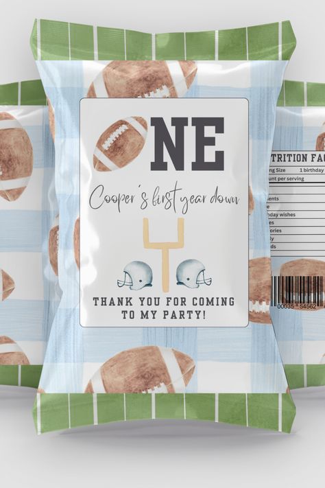 Tailgate First Birthday Party, First Down Party Favors, First Down Football Birthday Party Invitations, First Birthday Football Theme Baby Boy, First Down Birthday Party, Custom Football Chip Bags, Football Party Favors, Football First Birthday, Snack Display