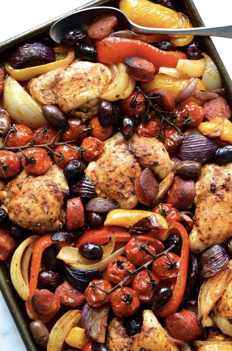 Sheet Pan Spanish Chicken & Chorizo - Women of Today Chicken Chorizo Recipe, Spanish Chicken And Chorizo, Chicken And Chorizo, Spanish Chicken, Chicken Chorizo, Whole30 Dinner Recipes, Chorizo Recipes, Cubed Sweet Potatoes, Tray Bake Recipes