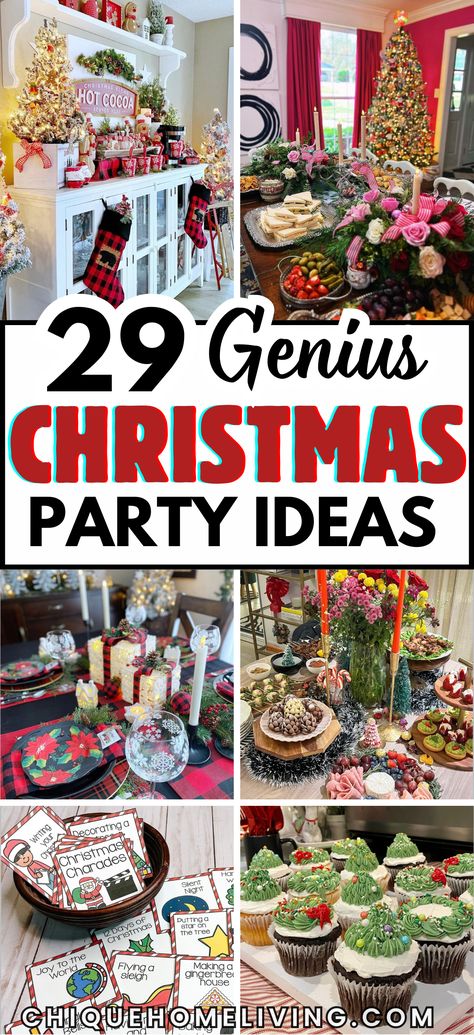 Throw the ultimate holiday bash with these 29 Best Christmas Party Ideas for a Jolly Good Time! From classic themes like Ugly Sweater Parties to elegant Winter Wonderland gatherings, these ideas cover it all. Set up a hot cocoa bar, organize a holiday movie marathon, or host a cookie-decorating contest to keep guests entertained. Add festive touches like DIY photo booths, Ideas For Hosting Christmas, Decorating For A Christmas Party, Jingle Mingle Party Ideas, Christmas Party Set Up Ideas Layout, Hosting A Christmas Party At Home, Holiday Party Ideas For Adults, Cute Christmas Party Ideas, Christmas Party Hosting Ideas, Teen Christmas Party Ideas