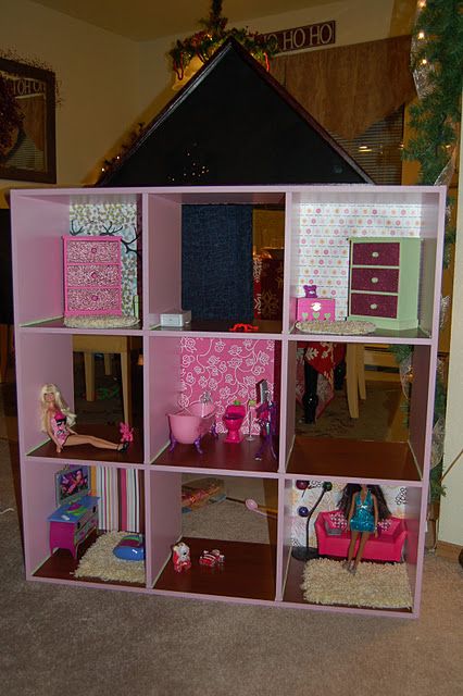 Perhaps this may work. Homemade Barbie House, Dream House Images, Pictures Of Barbie Dolls, Dollhouse Bookcase, Cube Shelf, House Images, Diy Barbie House, House Image, Doll House Plans