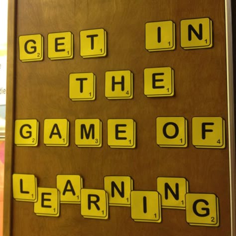 On my door under it I used the same font and spelled out all the students names and connected them like scrabble Game Theme Classroom Decor, Theme Third Grade, Board Game Themes, Classroom Boards, Math Board Games, Summer Bulletin Boards, Teacher Survival, Library Themes, State School