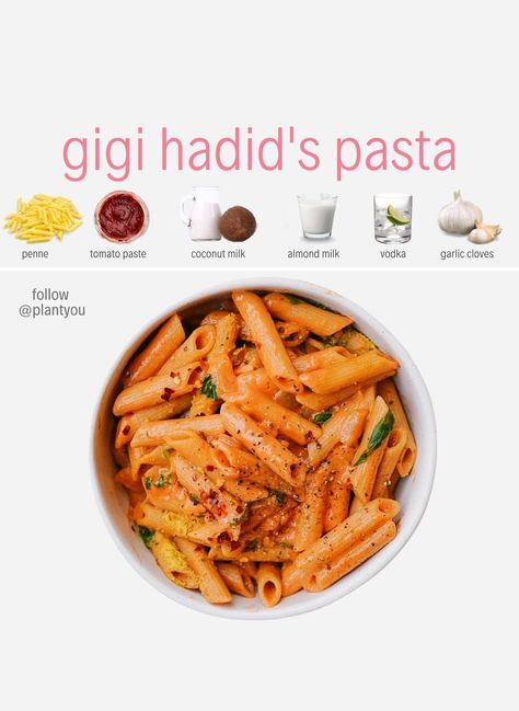 Supermodel Gigi Hadid has blessed the world with her insanely delicious spicy vodka pasta sauce recipe. With heavy cream, parmesan cheese and butter, the recipe is far from vegan, so let’s make a healthy plant-based version! Vodka Pasta Recipe | Vodka Pasta Sauce | Vodka Pasta Sauce Without Vodka | Gigi Hadid Recipe | Gigi Hadid Sauce Recipe | Spicy Vodka Pasta #gigihadid #cheezyveganpastasauce #creamyvegansauces c#veganpastasauce Gigi Hadid Pasta Recipe, Hadid Pasta Recipe, Wildfit Recipes, Gigi Hadid Pasta, Hadid Pasta, Vodka Sauce Pasta, Vodka Pasta, Diner Recept, Vegan Pasta Recipes