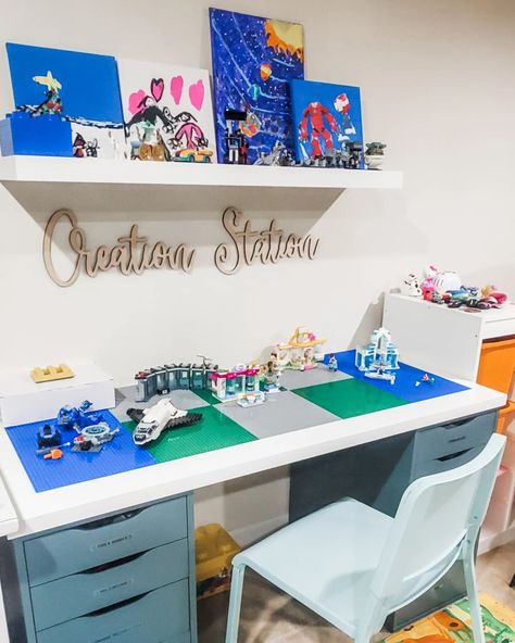 Keep your kids' Legos organized and off the floors with Ikea Alex storage units and Lagkapten tabletop of your choice! Lego Desk Diy, Ikea Lego Desk, Ikea Alex Lego Storage, Lego Desk With Storage, Ikea Lego Storage, Ikea Lagkapten, Lego Corner, Ikea Lego, Lego Area