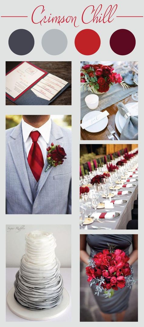 Crimson Chill Wedding Color Palette// red, grey and maroon color scheme Palette Winter, Chill Wedding, Crimson Wedding, Gray Wedding Colors, Wedding Color Scheme, Gray Wedding, Red Colour Palette, Wedding Theme Colors, Wedding Color Palette