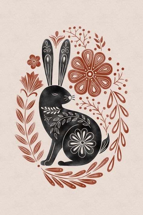 Embroidery Illustration, Folk Illustration, Gift Illustration, Christmas Graphic Design, Easter Illustration, Graphic Design Cards, Easter Greeting, Black Rabbit, Linocut Art