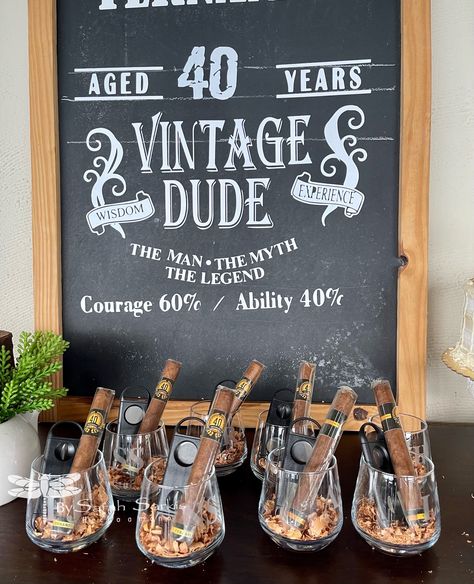 Mens Fifty Birthday Party Ideas, 55th Birthday Party Decorations, 40th Birthday Ideas For Men Bourbon, Backyard 40th Birthday Party Ideas For Men, 45 Th Birthday Party Ideas For Men, Guy Theme Party Ideas, Cheer And Beers Party Ideas, 46 Birthday Party Ideas For Men, Vintage Themed Birthday Party