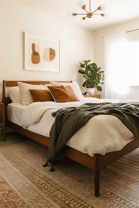 17 Most Creative Guest Bedroom Ideas to Impress Guests - By Kimberly Faye Rust And Sage Bed, White Bedding With Orange Accents, Tan And Red Bedroom, Masculine Mid Century Bedroom, Bedroom Ideas Brown Furniture Dark Wood, Boho Modern Bedding, Sunset Boho Bedroom, Terracota Bedding Room, Earthy Mid Century Modern Bedroom