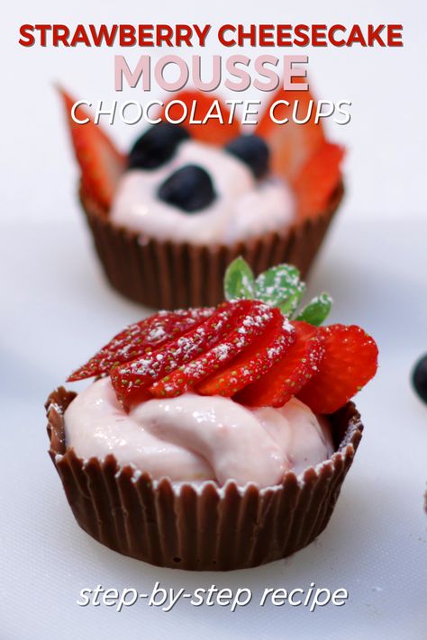 If you like strawberries, chocolate, and cheesecake you will love this step-by-step strawberry cheesecake mousse chocolate cups recipe. They are delicious and super easy to make. And there is not baking required and no eggs in this recipe. All you need are a handful of ingredients like heavy whipping cream, powdered sugar, strawberries, cream cheese, vanilla extract, lemon zest, and lemon juice. If I can do it, you can do it! Cheesecake Mousse Cups, Strawberry Cheesecake Mousse, Strawberries Cream Cheese, Sugar Strawberries, Chocolate Strawberry Cheesecake, Mousse Cups, Mousse Chocolate, Strawberries Chocolate, Chocolate Recipes Easy