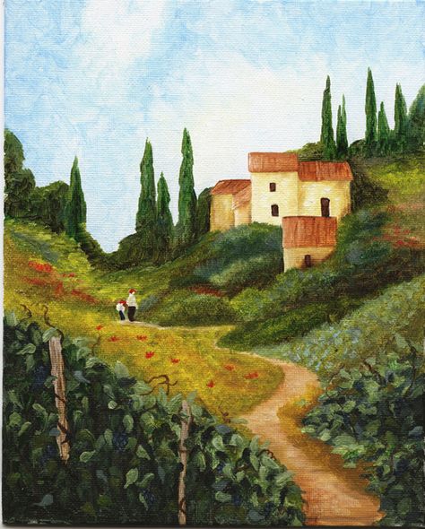 Tuscany, All Hills And Green, So Easy To Stay And Fall In Love, Being There Is Like Living A Dream~♥•✿ •♥•✿ Italy Painting Easy, Gouache Painting Landscapes, Tuscany Paintings, Tuscany Landscape, Tuscan Landscaping, Landscape Art Quilts, Painting Landscapes, Italy Painting, Italian Landscape