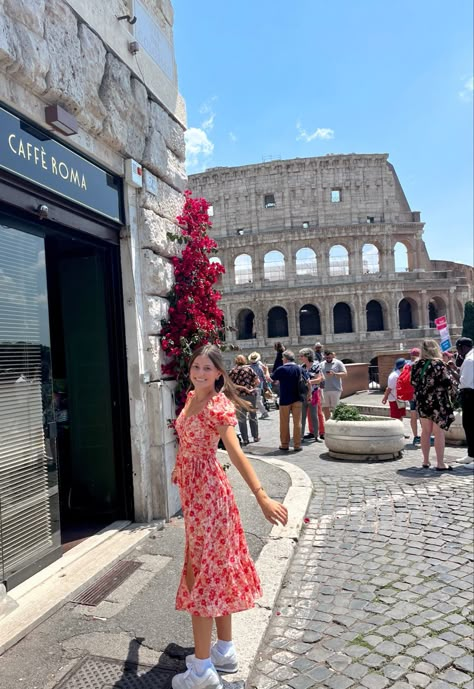 Colosseum photo, long floral red dress, Rome outfit idea, Rome photo idea, European Outfits Midsize, Rome Outfit Inspo Summer, Clothes In Italy, Rome Evening Outfit, Italy Inspired Outfits Summer, Poses In Rome, Red Dress Italy, Outfits For The Vatican, The Vatican Outfit