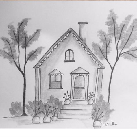 Home Drawing Simple, Home Drawing Sketches, House Pencil Drawing, Drawing A House, Easy House Drawing, How To Draw House, Doodling Drawings, Dream House Drawing, Simple House Drawing