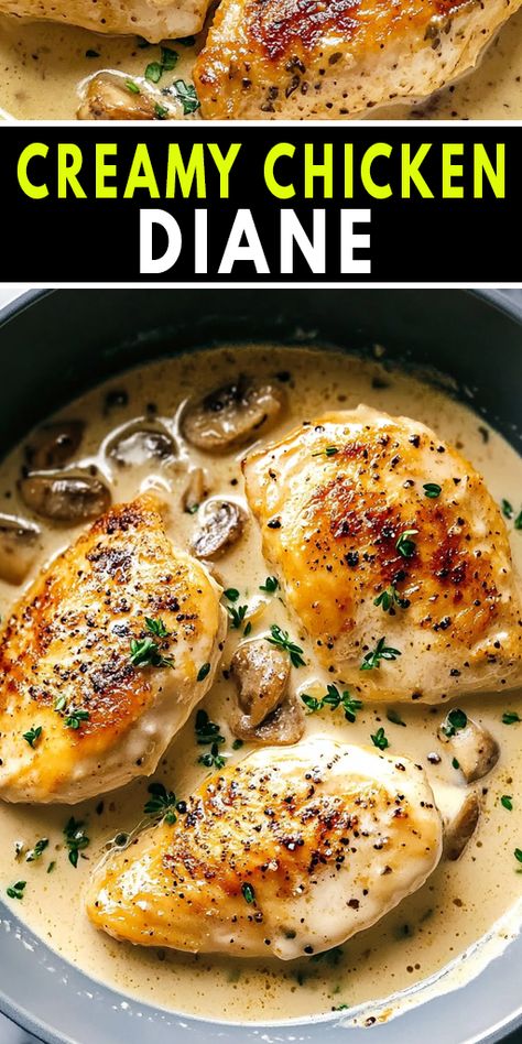 Creamy Chicken Diane Ingredients:

4 boneless, skinless chicken breasts
2 tablespoons olive oil
1/4 cup butter
2 shallots, finely chopped
2 cloves garlic, minced
1/4 cup brandy
1 cup heavy cream
2 tablespoons Dijon mustard
1 tablespoon Worcestershire sauce
1/2 cup chicken broth
1/4 cup fresh parsley, chopped
Salt and pepper to taste

#chicken #easyrecipes #camilarecipes Chicken With Coconut Cream, Chicken Diane Recipes, Brandy Chicken, Skinless Boneless Chicken Breast Recipes, Chicken Diane, Boneless Skinless Chicken Breast Recipes, Skinless Chicken Breast Recipes, Stuffed Chicken Breast Cream Cheese, Chicken Boneless Breast Recipes