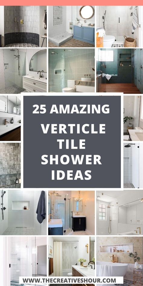 Transform your bathroom with stunning vertical tile shower ideas. Whether it's white subway tiles, accent walls, or unique colors like green, blue, or grey, explore creative designs for vertical tile shower walls and tub surrounds. Discover endless possibilities for a contemporary and stylish bathroom. Vertical Shower Tile Ideas, Vertical Tile Shower Ideas, Vertical Shower Tile, Bathtub Tile Surround, Shower Tile Combinations, Bathroom Wall Tiles Design, Vertical Tile, Shower Accent Tile, Tile Combinations