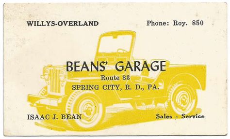 beans-garage-business-card-pennsylvania2-lores Paint Business, Garage Business, Card Reference, Vintage Business Card Design, Visit Cards, Business Card Stand, Vintage Business Cards, Card Inspo, Spring City