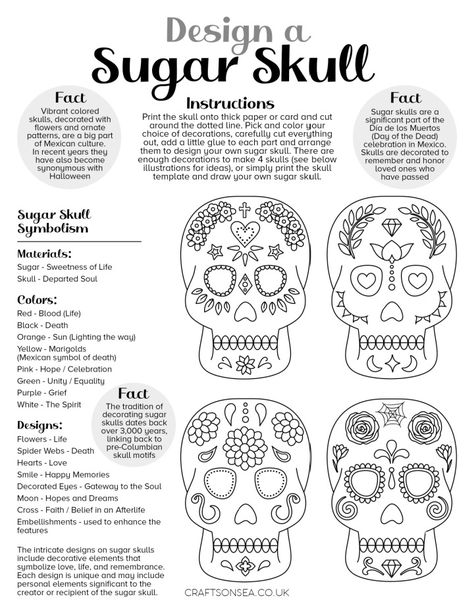 Sugar Skull Printable (FREE Cut and Paste Craft) - Crafts on Sea Sugar Skull Design Pattern, Sugar Skull Stencil, Skull Printable, Sugar Skull Crafts, Simple Skull, Skull Stencil, Skull Crafts, Sugar Skull Design, Earth Day Crafts